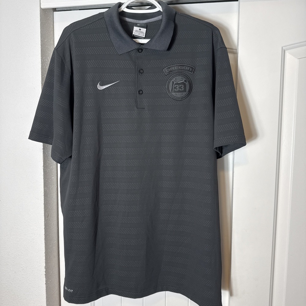 Nike Dri Fit Oregon Ducks 33 Golf Polo Men L Gray Striped Limited Logo